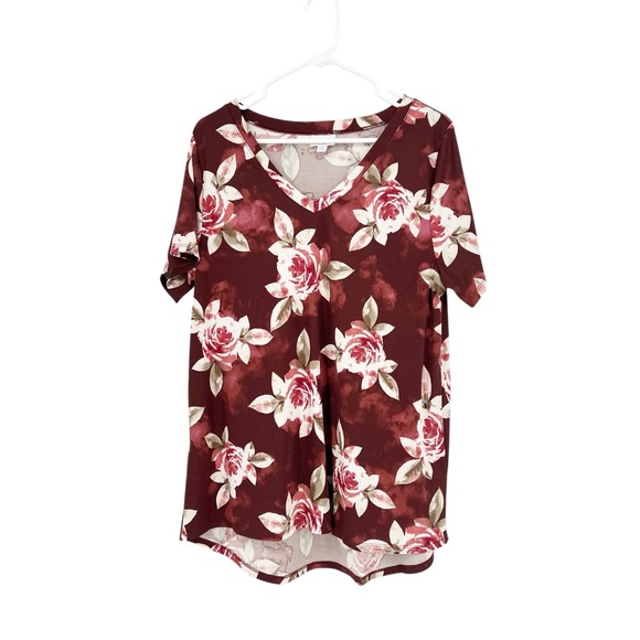 LuLaRoe Ribbed Floral V Neck Burgundy Rose Print Shirt XL - Picture 2 of 7